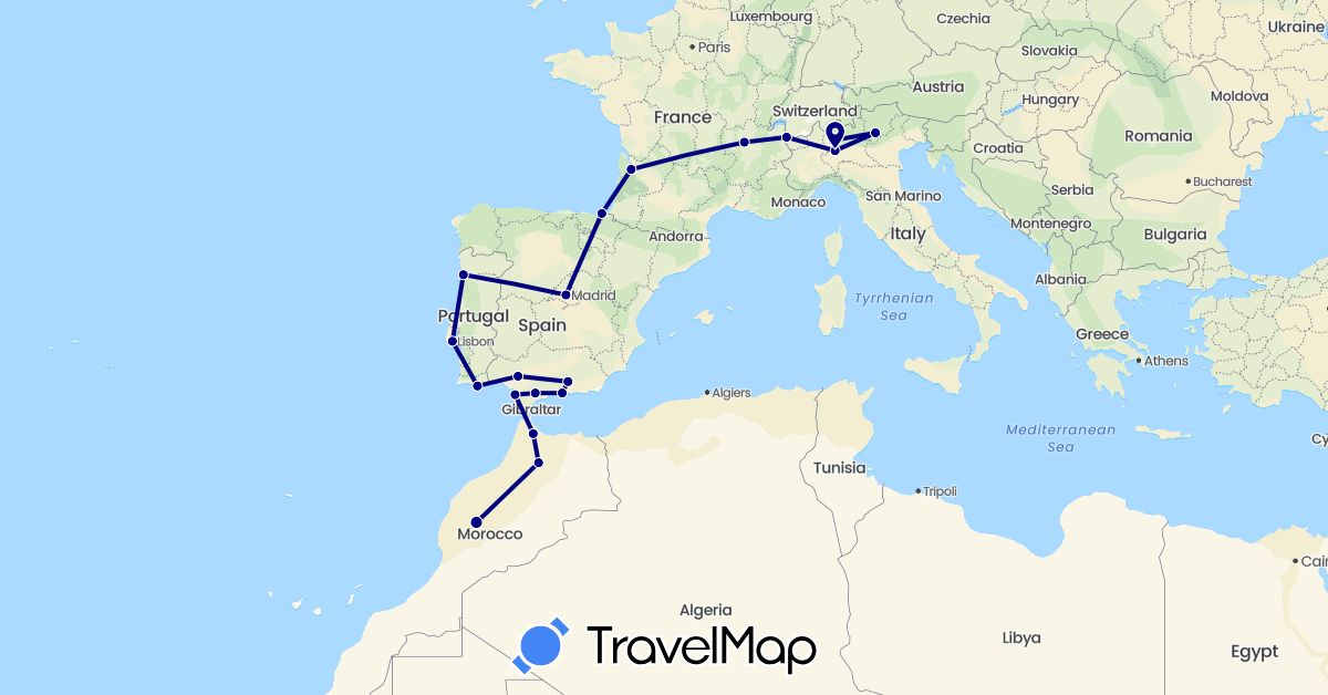 TravelMap itinerary: driving in Spain, France, Italy, Morocco, Portugal (Africa, Europe)